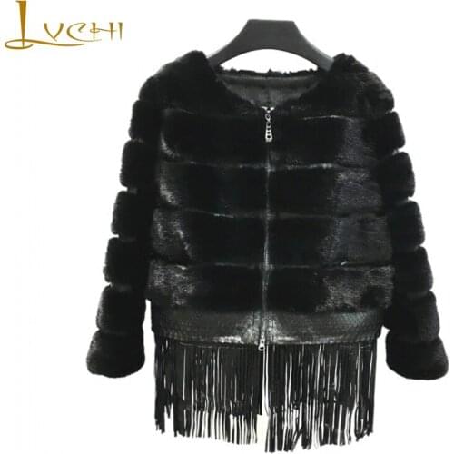 LVCHI 2019 China Real Mink Fur Coats Womens Coat Full Pelt O-Neck Tassel Causal Black Color Wave Cut Jacket Slim Mink Fur Coats