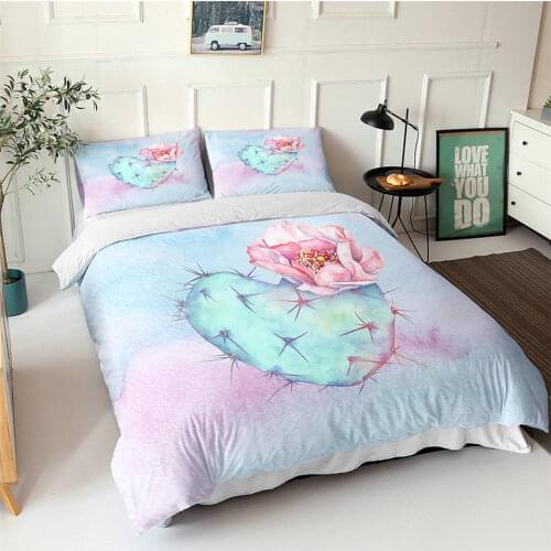 Nordic Cactus Bedding Set Cartoon Duvet Cover Pink Blue Plants Floral Girl Bed Set Single Double Quilt Cover Pillowcasese Kawaii