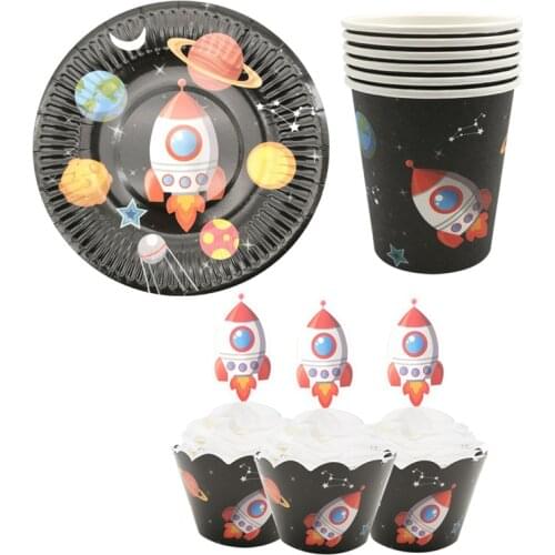 Outer Space Planet Rocket Theme Disposable Tableware Paper Cup Plates Cupcake Wrapper Toppers Kids Birthday Party Supplies