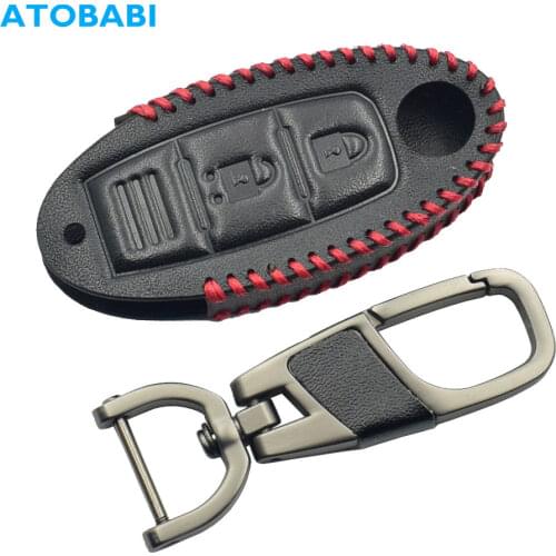 Leather Car Key Case For Nissan Micra K14 Micra K13 Juke F15 Note E12 Leaf Cube 2 Button Keychain Bag Remote Fob Cover Accessory