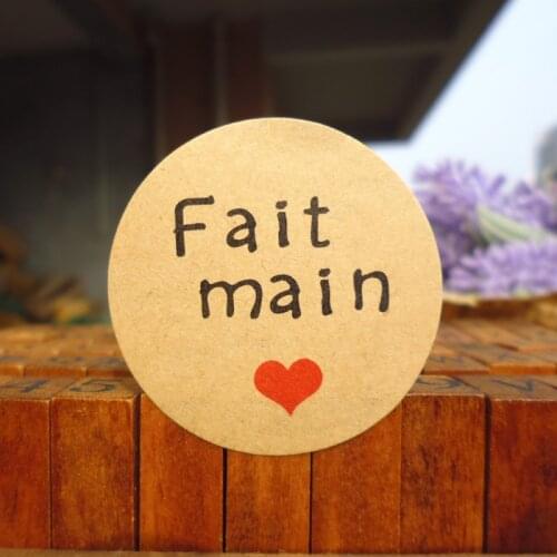 102pcs Round Kraft Seal Sticker French Hand Made Fait Main with Red Heart Point Sticker Seal Lable Party Decoration 3.5cm