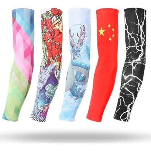 Chinese Tattoo Sleeves Men Armguard Outdoor Cycling Cuff Driving Sunscreen Fishing Arm Cover Ice Silk Summer Arm Sleeves Warmers