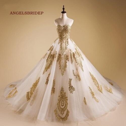 Charming Champagne Ball Gown Wedding Dress Muslim Gold Applique Court Train Formal Boho Bridal Gown Lace-up Back