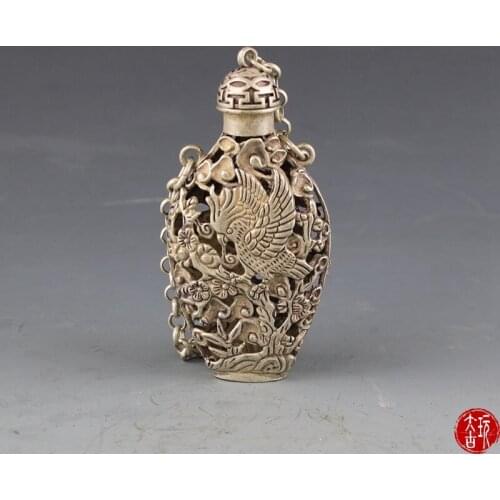 Ancient hollow silver sachet carved through pine crane snuff bottle Pendant ornaments