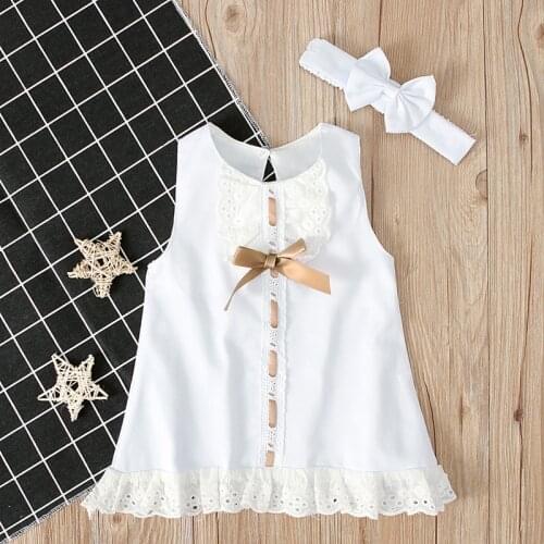 0-12M Infant Clothing Round Collar Short Sleeve Solid Color Lace White Dress Bow Head Scarf Girls Wear Suit ropa