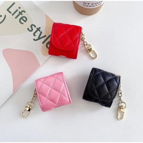 Luxury Brand PU Leather Earphone Case with Button Keychain for Airpods Pro Girls Lattice Protective Cover for Airpods 1/2