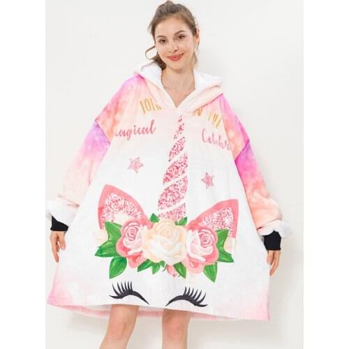 Warm Thick Pocket Hooded Unicorn Blanket Winter Weighted Blankets Flannel Coral Fleece Unisex Kids Adults for Beds Travel Home