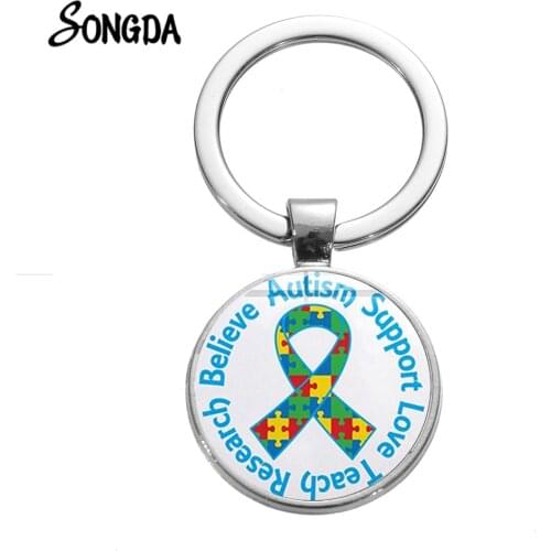 Care Autism Keychain Autism Awareness Puzzle Piece Creative Patterns Glass Dome Round Key Chain Spread Love Kids Jewelry