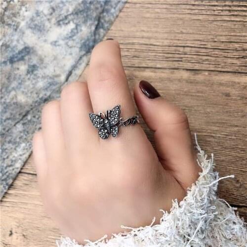 Vintage Tibetan Silver Black CZ Butterfly Ring Gothic Style Zircon Crystal Ring Women Finger Ring Anniversary Jewelry Gift