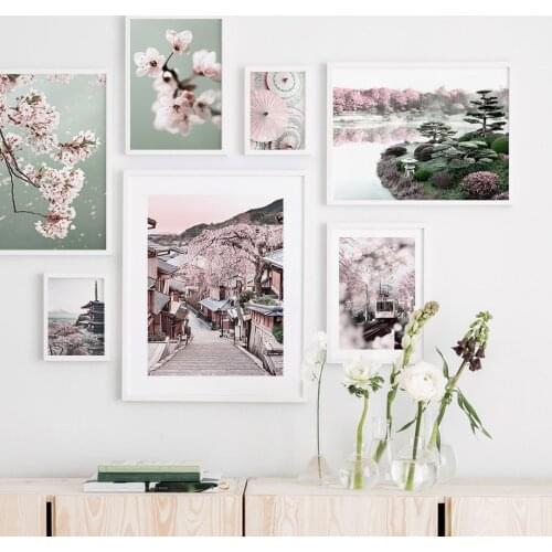 Japanese Sakura Tram Tower Village Pink Wall Art Canvas Painting Nordic Posters And Prints Wall Pictures For Living Room Decor