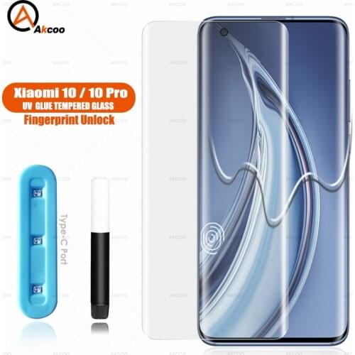 Akcoo for Xiaomi 10 Pro Screen Protector UV Full Screen Glue Tempered Glass film for mi 10 with Sensitive touch for mi 10 ultra