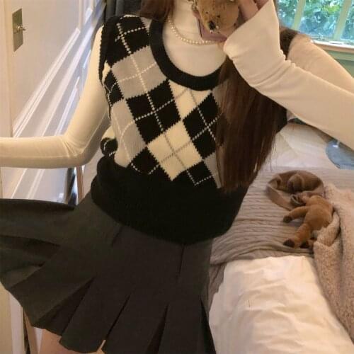 Woman Jacket Vest Autumn and Winter Rhombus Knitted Sweater Vest Knitted Vest Womens Top Chaleco Mujer