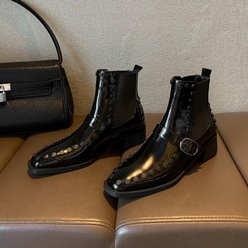 Fashion boots rivet boots Pure Black Retro square sleeve thick middle heel womens short boots single boots x751
