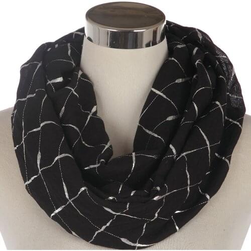 Winfox Fashion Female Round Scarf Black Pink Grey Metallic Foil Silver Plaid Check Pattern Snood Ring Scarfs Shawl Hijab Women