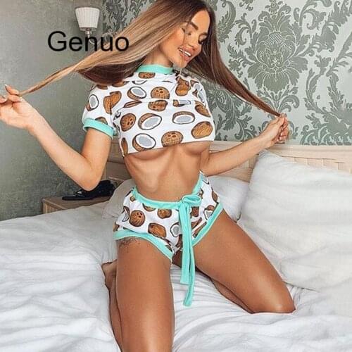 Womens Shorts Pajamas Set Printed T Shirt O Neck Short Sleeve Belt Bow Ruffle Hem Female Sets 2020 Summer Fashion Lady Homeware