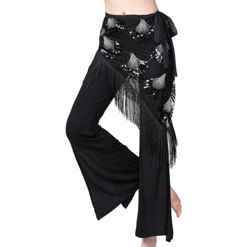 Women Belly Dance Clothes Black Mesh Base Long Fringes Sequins Belt Tribal Hip Scarf Wrap Skirt for Women
