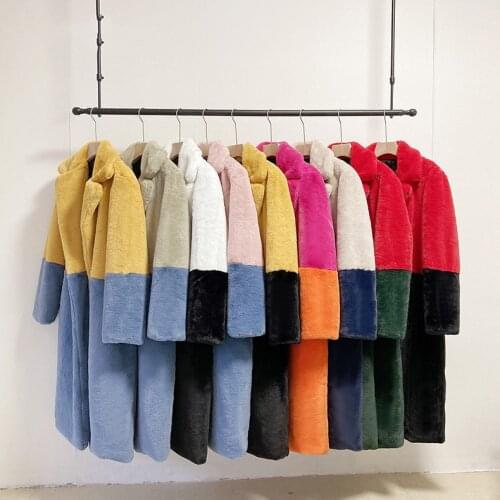 Two Colors Faux Fur Coat 2021 New Winter Jacket Women Patchwork Long Overcoat Thick Warm Plus Size Female Plush Parka Outwear