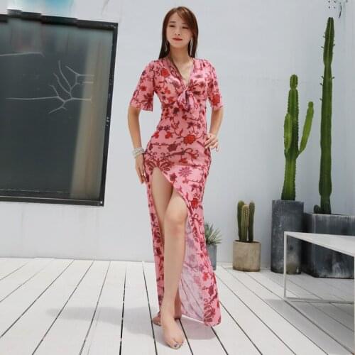 Women Oriental Practice Dancewear Indian Professional Dancing Dress Belly Dance Costume Floral Flower Split Long Dress 2020