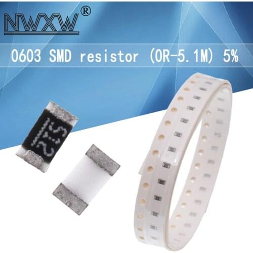 100PCS/LOT 0603 SMD Chip Resistor 1/10W 5% 0R-5.1M 1R 1.5R 10R 4.7K 56K 47K 100R 91R 82R 3.3K 39R 1K 10K 470K 100K 910K 1M ohm