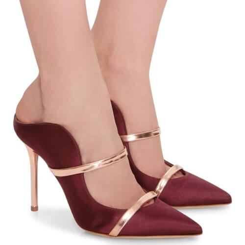 2021 Satin Pointed High Heel Thin Heel Sandals Woman Sexy Shallow Mouth with A Line Metal Decor Slipper Sandals