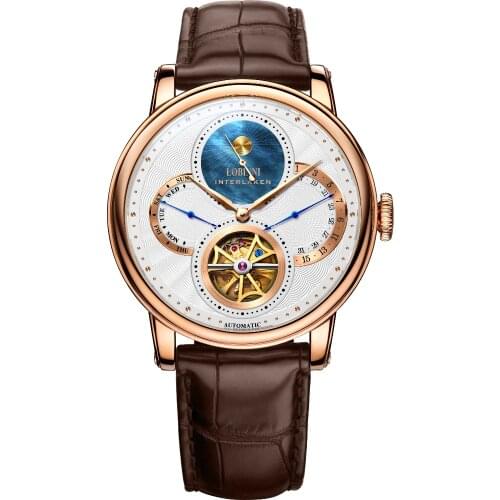 LOBINNI Men 50M Waterproof Leather Strap Day Moon Hollow Out Dial Business Automatic Mechanical Dress Wrist Watch With Week Date