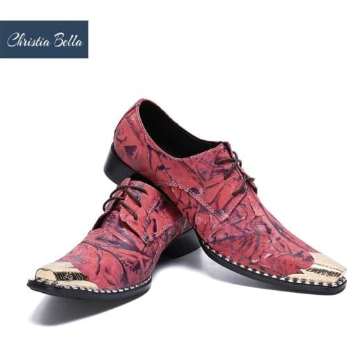 Christia Bella Printing Genuine Leather Men Business Shoes Fashion Plus Size Lace Up Metal Pointed Toe Formal Party Men Shoes