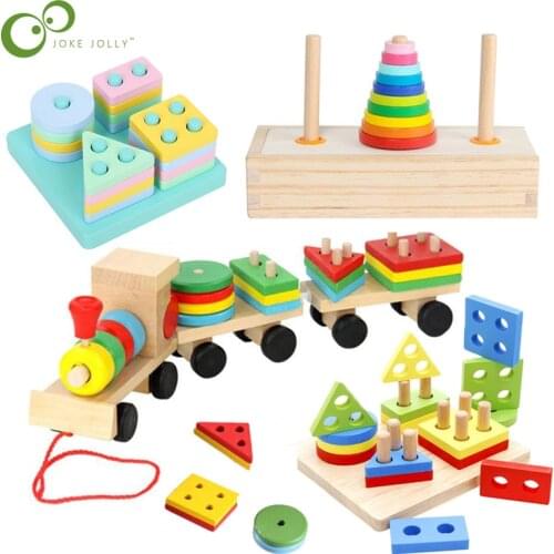 Baby Stacking Ring Tower Colorful Rainbow Wooden Geometric Sorting Board Early Educational Puzze Toys Children Birthday Gift ZXH