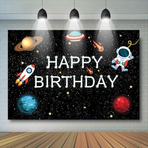 Universe Adventure Birthday Backdrop Spaceship Astronaut Boy Birthday Photography Background Outer Space Planet Decor Banner