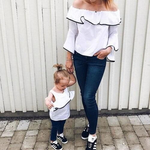 Family Matching T-shirts Mother Daughter Trumpet sleeve Tops Shirt New Mommy And Me Word shoulder Sexy Shirt Fashion Summer