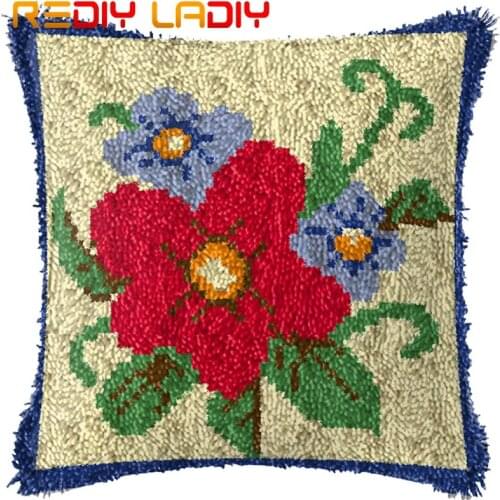Latch Hook Cushion Red Blue Flowers Pillow Case Printed Color Canvas Acrylic Yarn Latched Hook Pillow Crochet Cushion Cover Kits