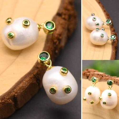 Natural Freshwater Pearl Stud Earrings Fashion Green Crystal Rhinestone Earring for Women Girls Handmade Female Jewelry Gifts