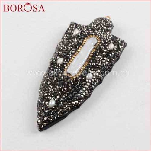 BOROSA Python Skin Back Freshwater Pearl Bead Charm Crystal Zircon Rhinestone Pave Natural Pearl Charm Druzy Pendant JAB676