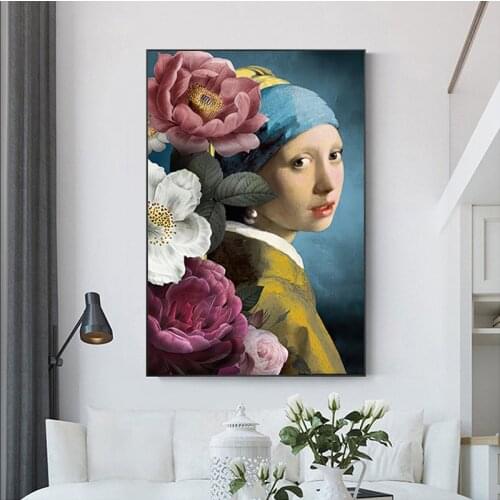 Retro Girl with Pearl Earrings Art Canvas Oil Painting Flowers Women Poster Print Wall Art Picture for Living Room Home Decor