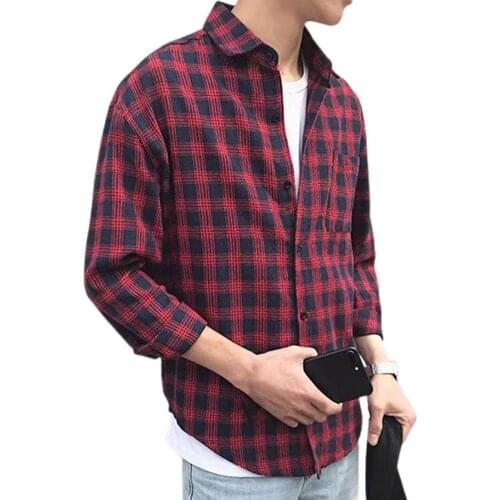 Fashion Men Shirt Turn Down Collar Long Sleeve Plaid Pattern Single-breasted Shirt Top New Summer Vintage Men Blouse Streetwear