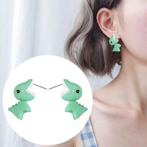 1 Pair Fashion Soft Pottery Dinosaur Earrings Green Stud Earrings Fine Jewelry For Women Child Girls Gift