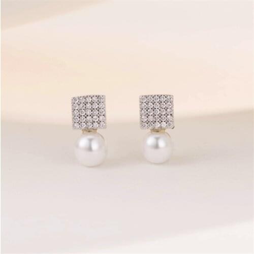 New Promotion Korean Fashion Pave Cubic Zircon Stones Earrings Pearl Square Shape Ohrringe Silber S Stud Earrings Lady Girls