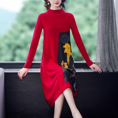 Wool cashmere royal elder sister temperament printed wool dress autumn Europe and the United States reduce age long red dre