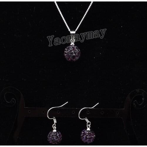 Dark Purple Disco Ball Pendant Earrings And Silver Plated Necklace Crystal Jewelry Set 10 Sets Wholesale