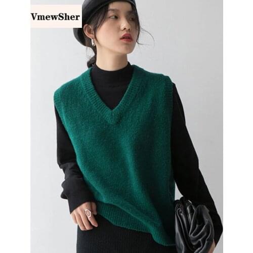 VmewSher Vintage Sweater Vest Women Solid Sleeveless Knitted Pullover V Neck Plain Casual Jumper Tops Basic Korean Knitwear New