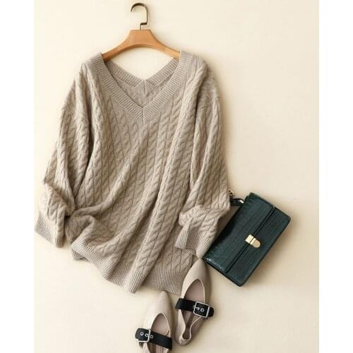 Cable knitted 100% cashmere sweaters women v neck loose winter thick pullovers high-end warm elegant knitwear