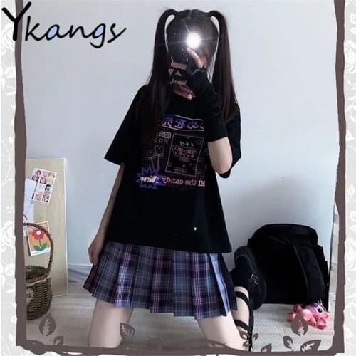 Japanese Dark Style Two Piece Set Black Short Sleeve Printing T-Shirt+Mini Pleated Skirt Summer New Gothic Cool Girl Streetwear
