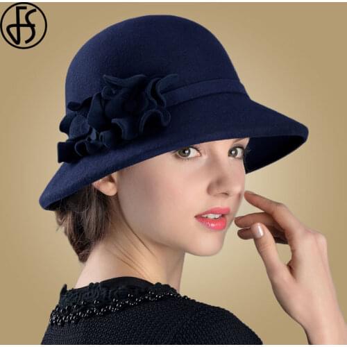 FS Wide Brim Navy Blue Wool Hats Flower Bowler Fedora Hat For Women Chapeau Femme Feutre Winter Cloche Ladies Church Felt Fedora