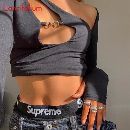 Women 2021 White Black Tshirt Crop Tops Long Sleeve Tee Sexy Hollow Out Skew Collar Kawaii Vintage Indie Cute Streetwear T Shirt