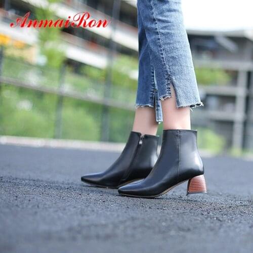 ANMAIRON 2020 Chelsea Boots Round Toe Slip-On Genuine Leather Womens Ankle Boots Square Heel Short Plush Shoes Woman Size 34-43