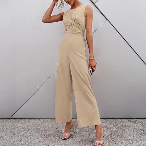 Womens Wide Leg Jumpsuits Solid Straight Drapped Pants Backless Lace Up Sleeveless Jumpsuit Office Ladies Casual 2021 Summer