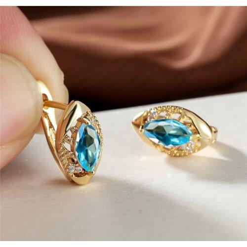 Aqua Blue Stone Small Hoop Earrings Rainbow Crystal Geometric Zircon Hollow Earrings Charm Gold Color Wedding Earrings For Women