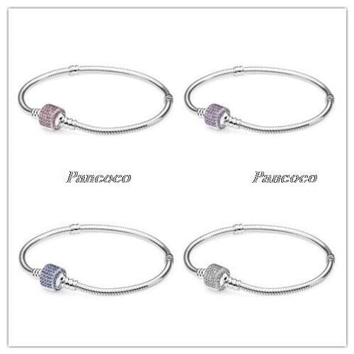 925 Sterling Silver Bracelet Signature Clasp Crystal Snake Chain Bangle Fit Women Bead Charm Diy Fashion Jewelry