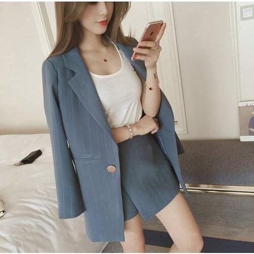 Obrix Classic Two Pieces Set Lady Female Set V-Neck Full Sleeve Single Button Jacket Mini Skirt Shorts Pretty Set For Women