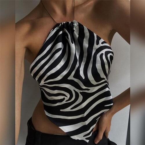 Sexy Women Summer Backless Sleeveless Scarf Cropped Tank Top Club Party Streetwear Animal Print Halter Camis Crop Tops