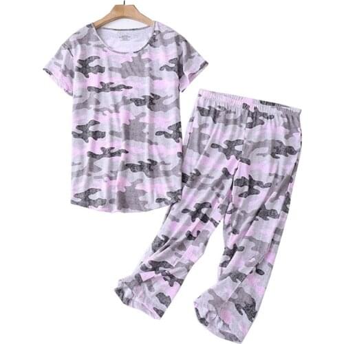 Ladies Short Sleeve+Pants Camouflage Pattern Pajamas Set Large Size Women Comfort Sleepwear Soft Loose Casual Wear And Homewear
